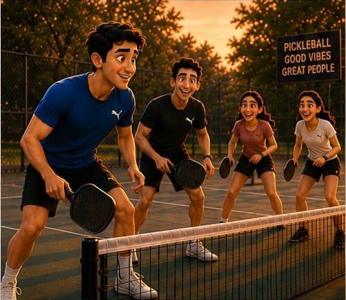 Illustration: a doubles pickleball match at sunset