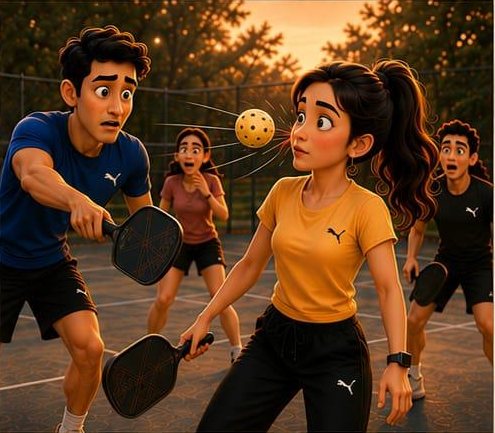 Illustration: the ball catches Rhea mid-court while Harsh reaches out in alarm