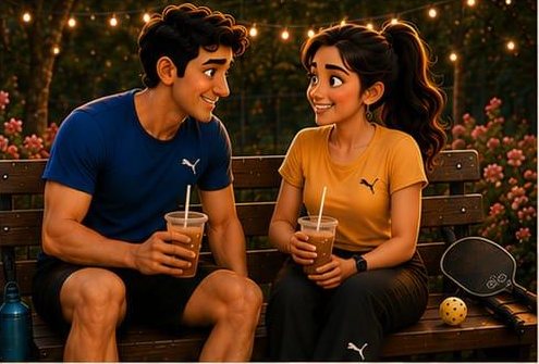Illustration: the two of them talking on a bench after a game