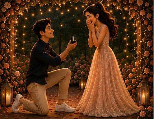 Illustration: Harsh proposing on one knee under a flowered arch