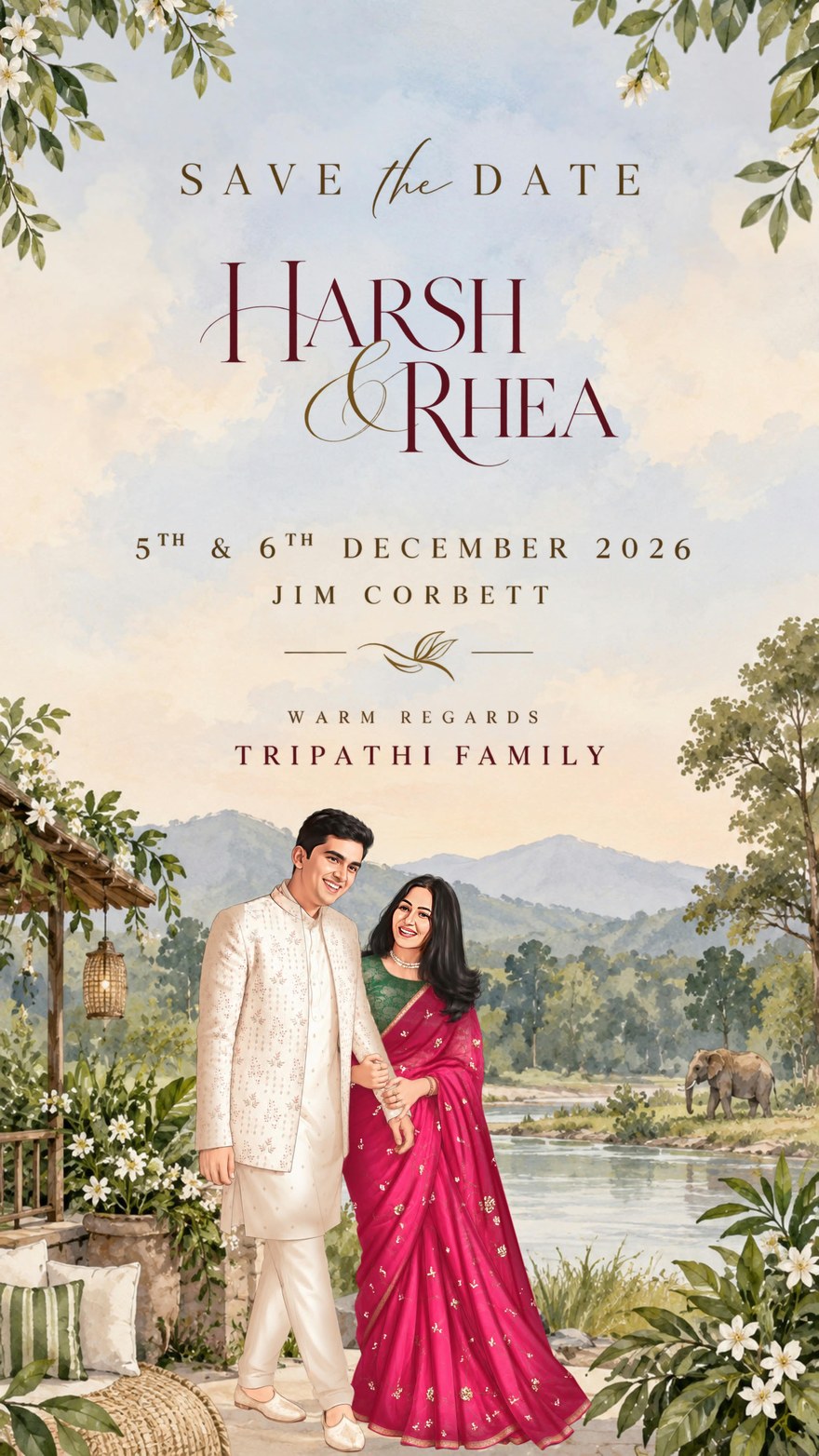 The Save the Date: a watercolour of Harsh and Rhea by a river in Jim Corbett, with an elephant in the distance